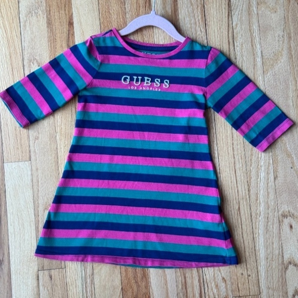 VTG Guess Kids Striped Dress Casual Embroidered Logo Pink Green Blue Size 4